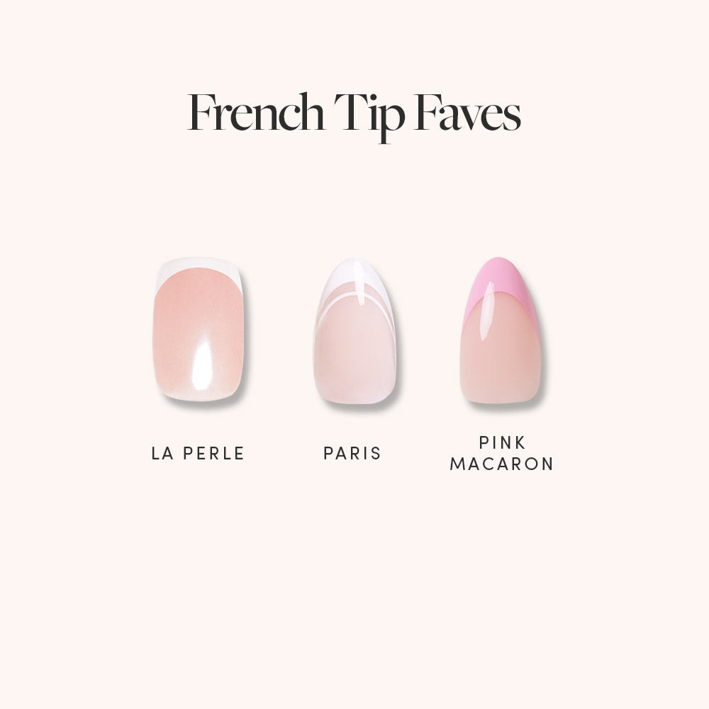 French Tip Faves by glamnetic features three artificial press-on nails—La Perle, Paris, and Pink Macaron—with salon-quality sheer nude bases and chic French tips.