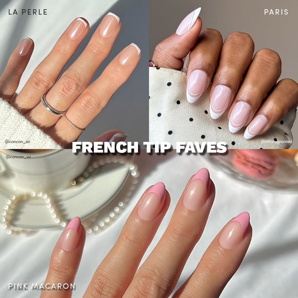 A collage displays four French tip nail styles—classic, double lines, V-shaped, and pink—on hands. The image features the text French Tip Faves by glamnetic with labels: LA PERLE, PARIS, and PINK MACARON for salon-quality results.
