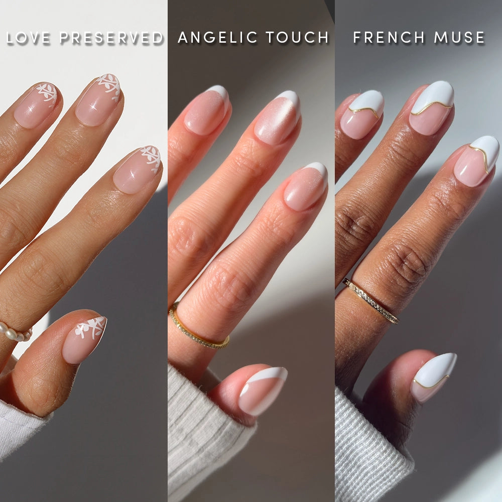 Three hands display manicured nails: salon-quality press-on nails in floral French tips labeled Love Preserved, shiny pink and white French tip press-on nails as Angelic Touch, and gold-accented white short oval glamnetic Oui Oui Ovals.