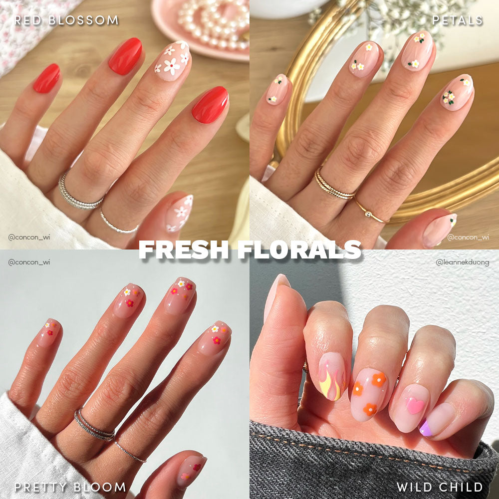 A collage of four hands with floral nail art: red with white flowers, nude with pastels, colorful tiny blooms, and orange-yellow abstracts. Text: glamnetic Fresh Florals Bundle press-on nails.