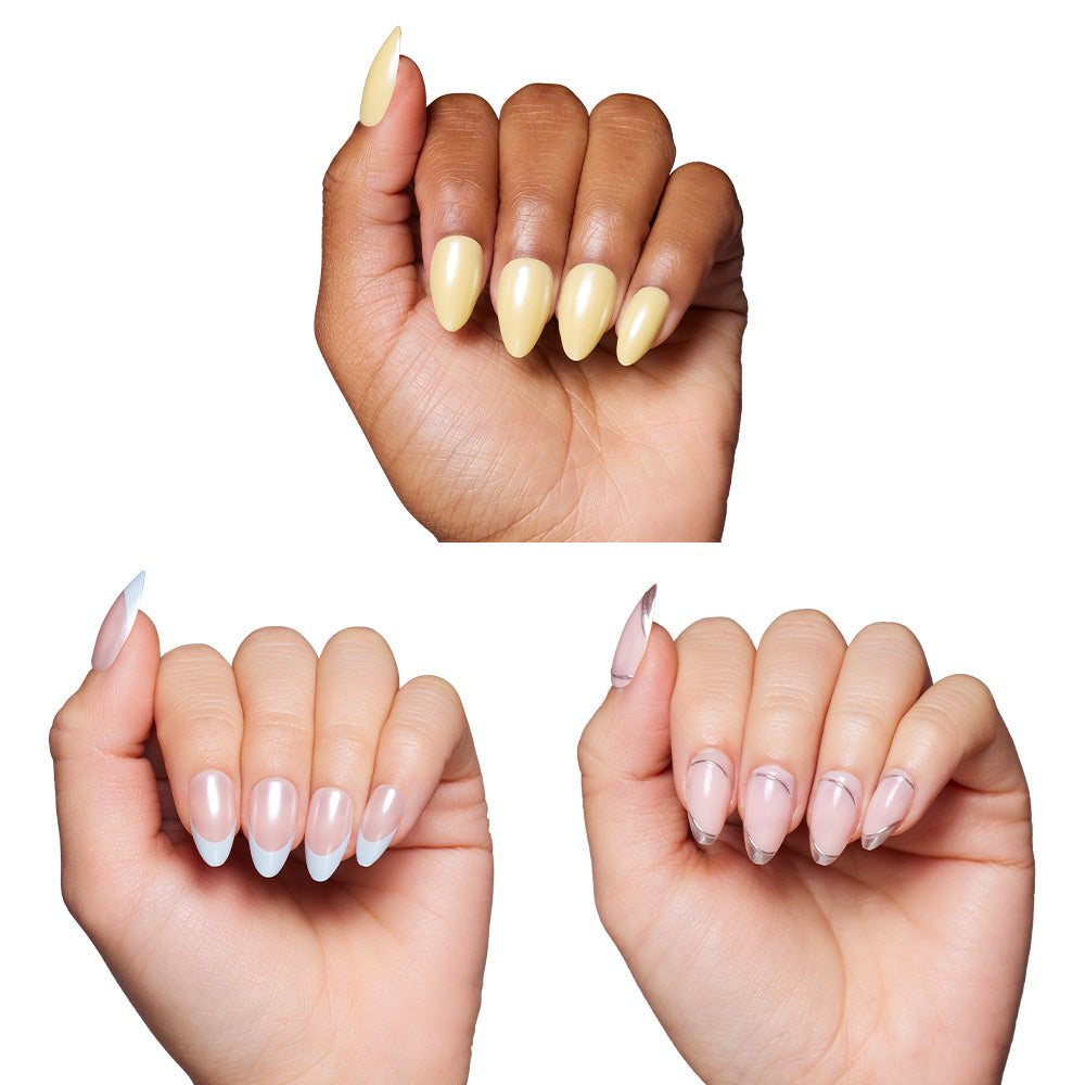 Three hands display glossy yellow almond nails, glazed finishes, and chic nude nails with shiny white geometric designs—all created using glamnetics Freshly Frosted vegan & cruelty-free products. - Product image