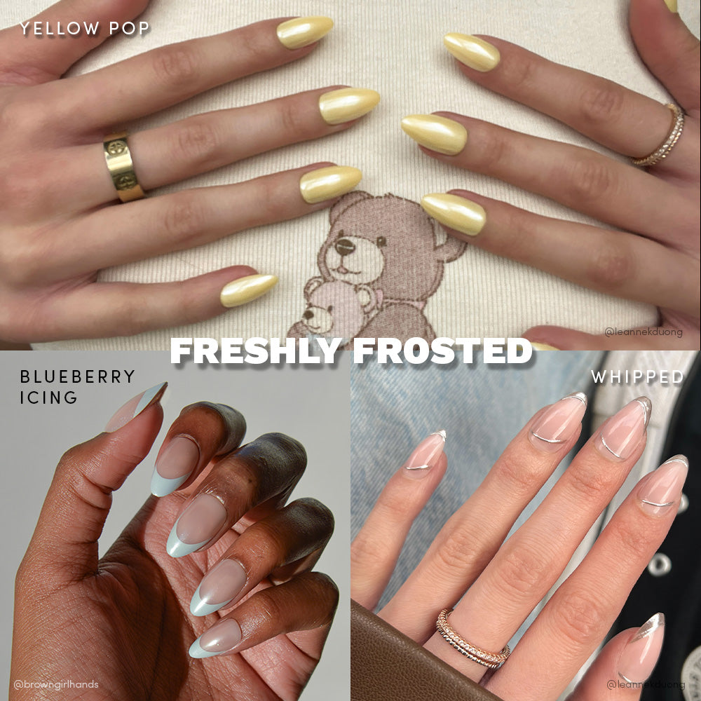 A collage shows yellow shimmery nails, brown skin with blue-tipped nails, and light skin wearing glamnetic’s Freshly Frosted Short Almond Nail Set in white tips. Text says FRESHLY FROSTED. All sets are vegan &amp; cruelty-free and labeled with names.