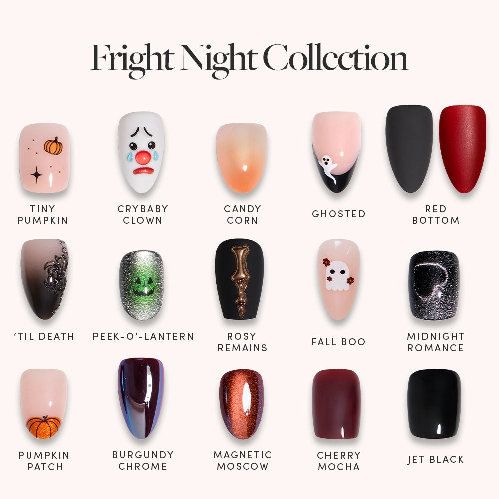 The glamnetic Fright Night Collection features 16 Halloween nail designs with haunted glamour—pumpkins, clowns, ghosts, bats, glitter, chrome details, and gothic shades of orange, black, red, green, and nude.