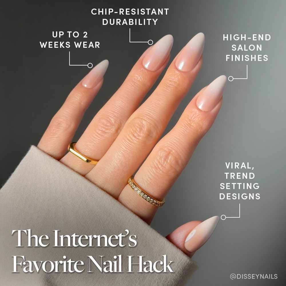 A manicured hand with shiny, ombré almond nails in glamnetic's Frosted Chai, wearing two gold rings. Text highlights up to 2 weeks of wear, chip-resistant durability, high-end finishes, and salon-quality results. - Product image
