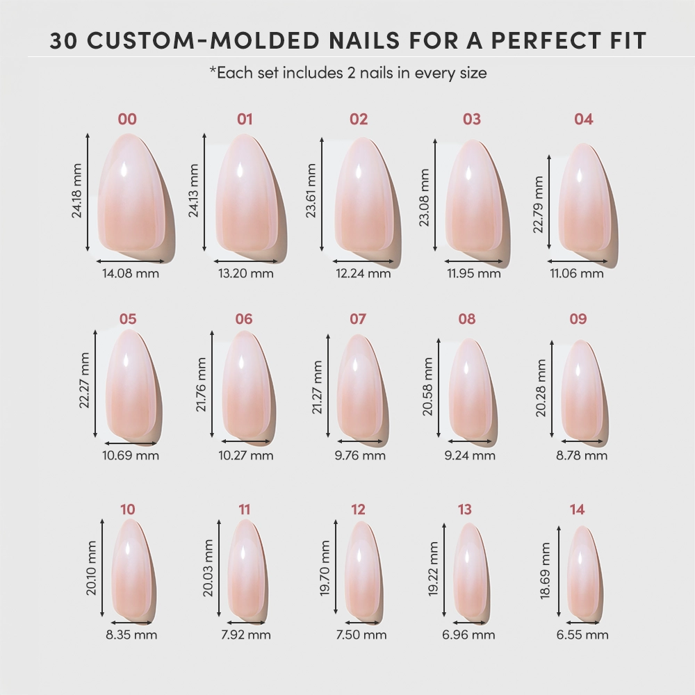 A chart shows 15 sizes of glamnetic’s Frosted Chai custom-molded artificial nails (sizes 00–14) in a pink ombré almond style. Each salon-quality nail’s length and width are listed in millimeters. - Product image