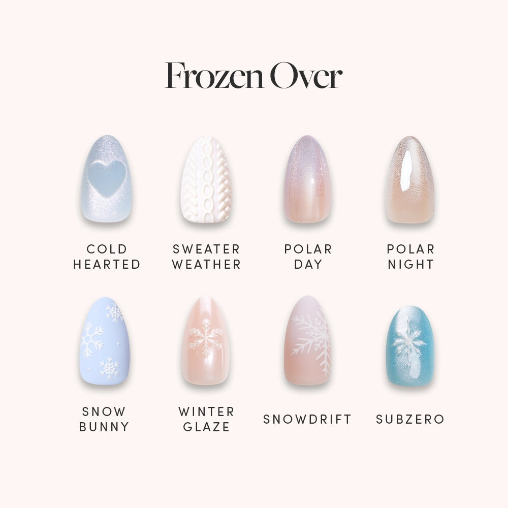 Frozen Over by glamnetic is a 10-piece winter short almond nail set featuring snowflake, heart, sweater, and ombré designs in icy blue. Each nail has a unique name like Cold Hearted, Snow Bunny, and Subzero.