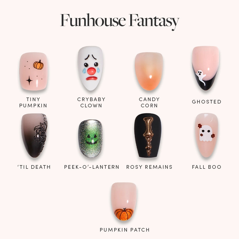 Funhouse Fantasy by glamnetic features nine spooky nail art designs, each on a single fake nail, with names like Tiny Pumpkin, Crybaby Clown, Candy Corn, Ghosted, ’Til Death, Peek-O’-Lantern, Rosy Remains, Fall Boo, and Pumpkin Patch.
