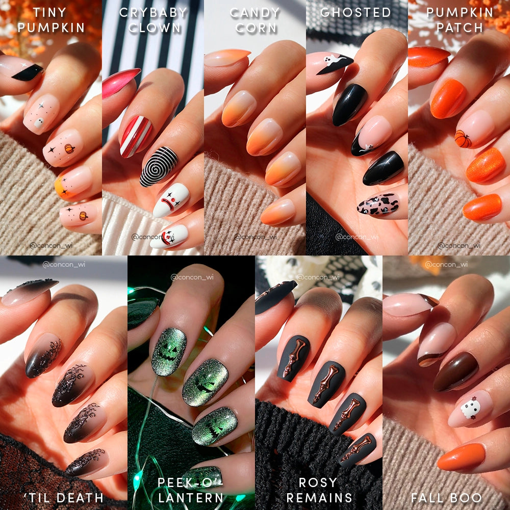 A collage of ten Halloween-themed glamnetic Funhouse Fantasy manicures with unique nail art: pumpkins, ghosts, bats, candy corn, green glitter, and spooky faces. Text reads Funhouse Fantasy.