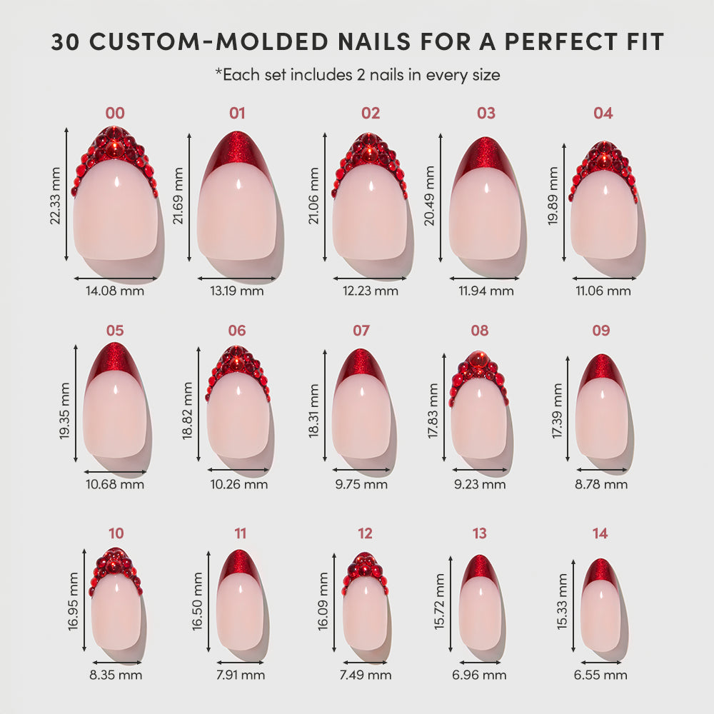 A glamnetic Garnet display featuring 15 red French tip press-on nails, each labeled 01–15 and showing width and length in mm/inches; some styles include gem details at the tip. - Product image