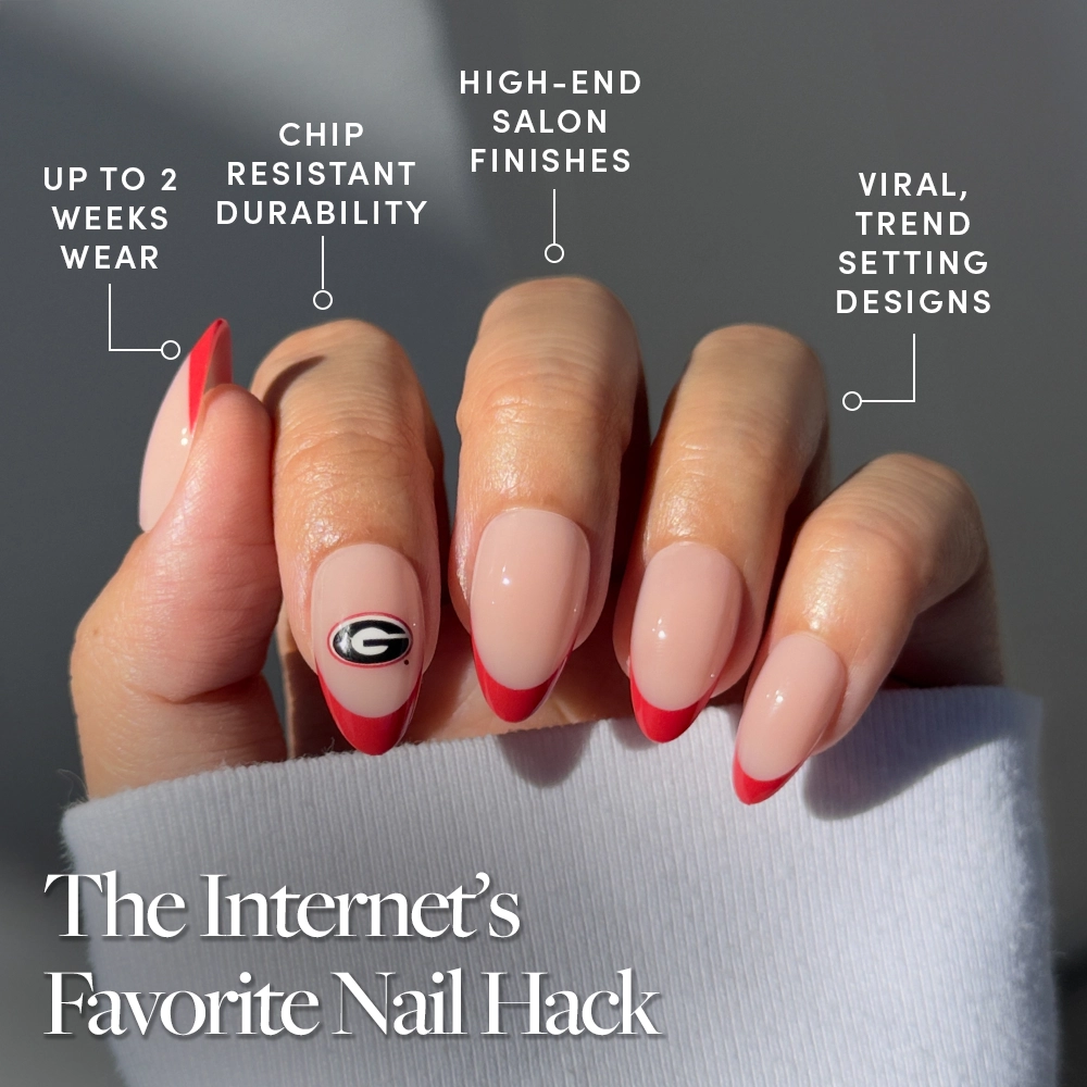 The glamnetic Georgia Bulldogs Press-On Nail Set features almond-shaped nails with a nude base and red French tips—ideal for fans. Enjoy up to 2 weeks wear, chip-resistant durability, salon-quality finishes, and trend-setting designs. - Product image