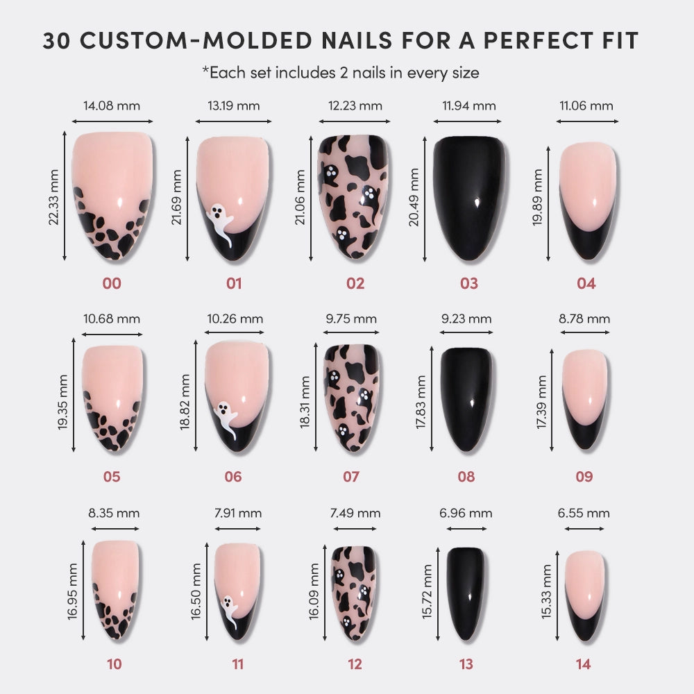 The glamnetic Ghosted chart displays 15 custom-molded press-on nails in assorted sizes and styles, including pink with black leopard print, black, and black French tip designs, each labeled with millimeter size measurements. - Product image