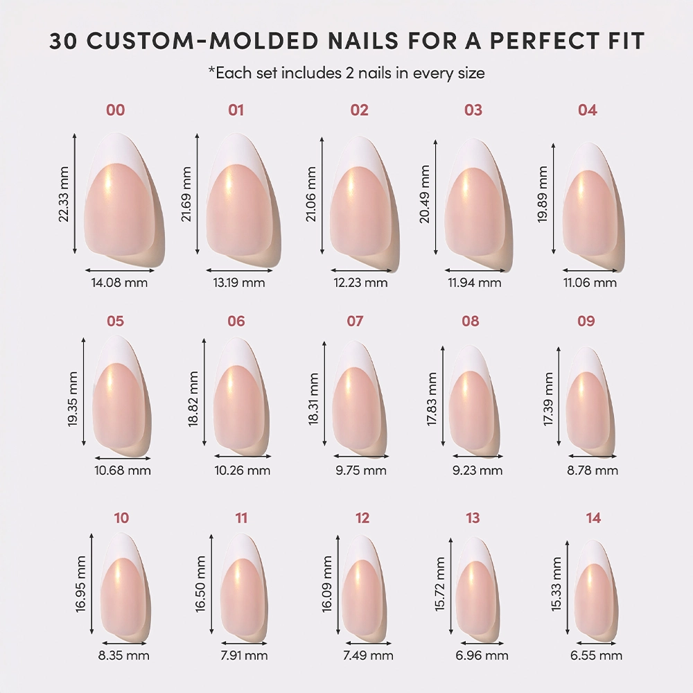 Chart showcasing the 15 different sizes of the “Give ‘Em Grace” press-on nails, each labeled with exact dimensions. All designs feature the signature pearl sheen and French tip on a soft nude base, ensuring a perfect fit.

 - Product image
