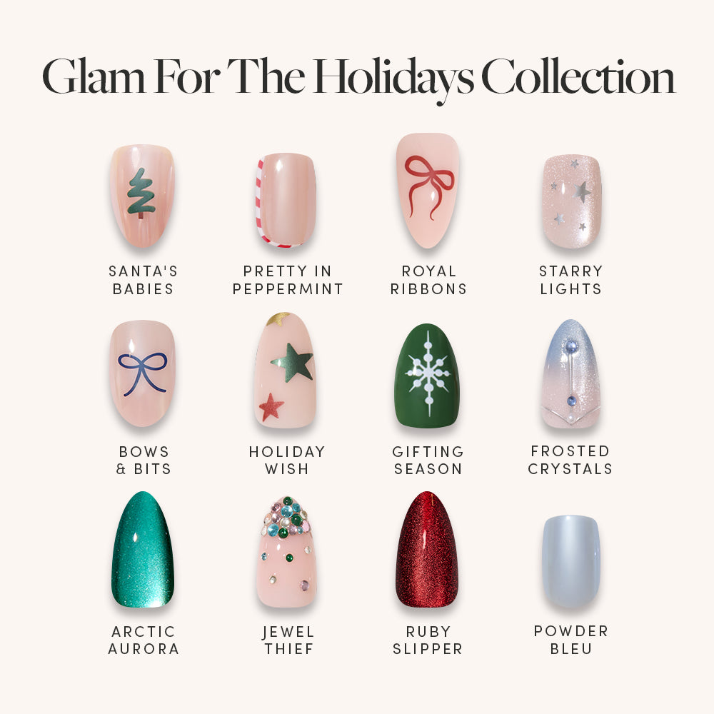 A grid of twelve Glam for the Holidays Collection press-on nails featuring various holiday-themed designs, colors, and embellishments, each labeled with its name.