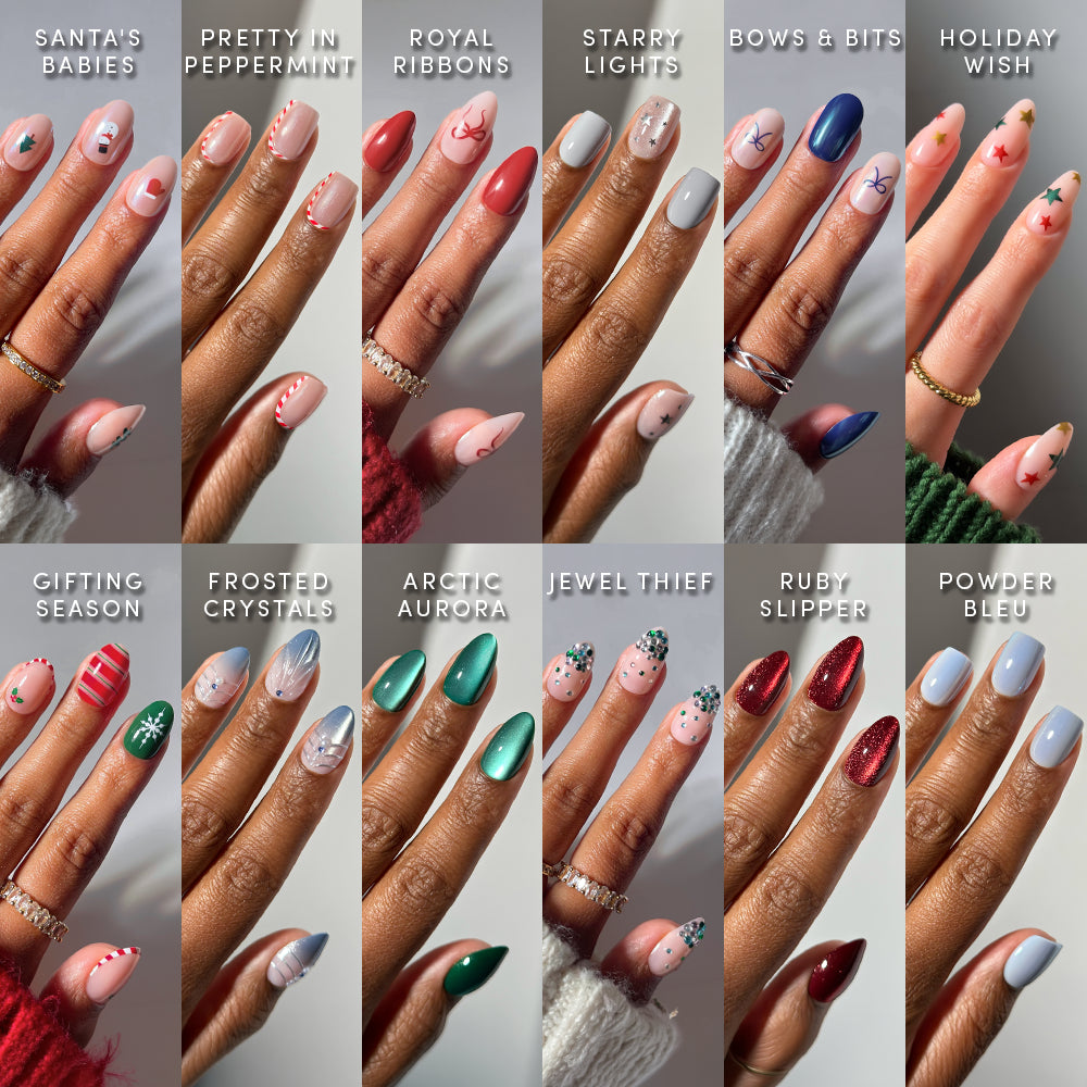 A grid of twelve hands displaying festive press-on nail designs from the Glam for the Holidays Collection, including Santas Babies, Pretty in Peppermint, Royal Ribbons, Starry Lights, Bows & Bits, Holiday Wish, Gifting Season, and Ruby Slipper.