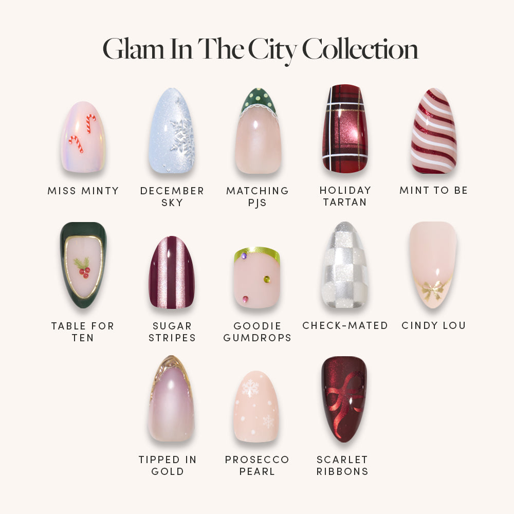 Twelve festive nail designs from the glamnetic Glam In The City Collection are shown, each labeled with names like Miss Minty, December Sky, Matching PJs, Holiday Tartan, Mint To Be, and more. Featuring holiday patterns and colors, these premium nail sets deliver a salon-quality manicure at home. - Product image