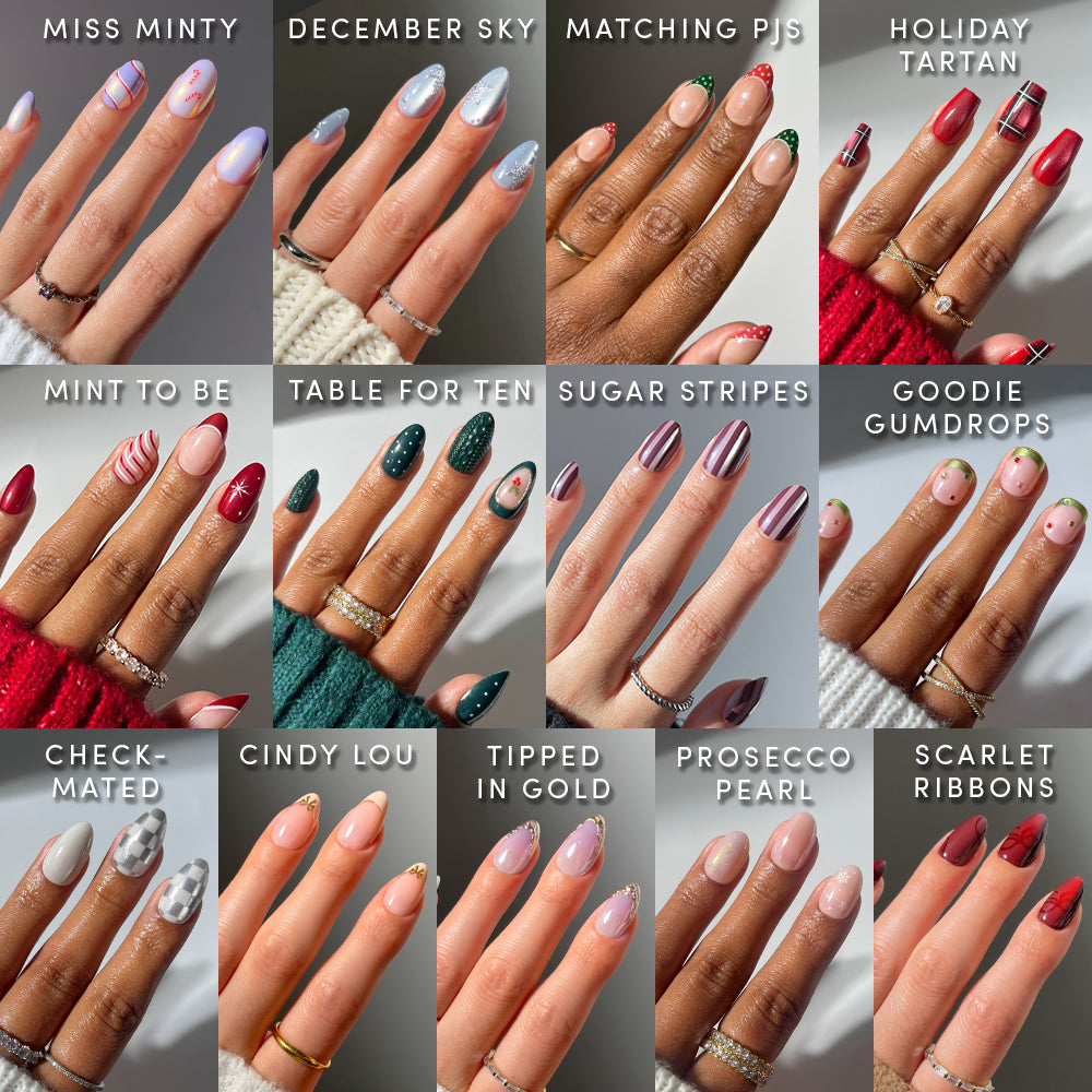 Sixteen hands featuring manicured nails, each adorned with a unique winter or holiday nail art design, are arranged in four neat rows. The designs showcase festive patterns such as stripes, sparkles, and classic holiday colors like red, green, and gold. Each style is labeled for easy identification. These salon-quality manicure looks highlight the premium press-on nails from the Glam In The City Collection by glamnetic—perfect for seasonal celebrations. - Product image