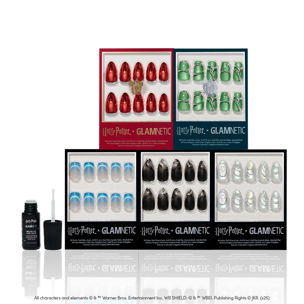 A display of six Glamnetic House Faves press-on nails by glamnetic in assorted wizarding world designs, with a black nail glue bottle and applicator, featuring magical 3D accents—all set against a white background. - Product image