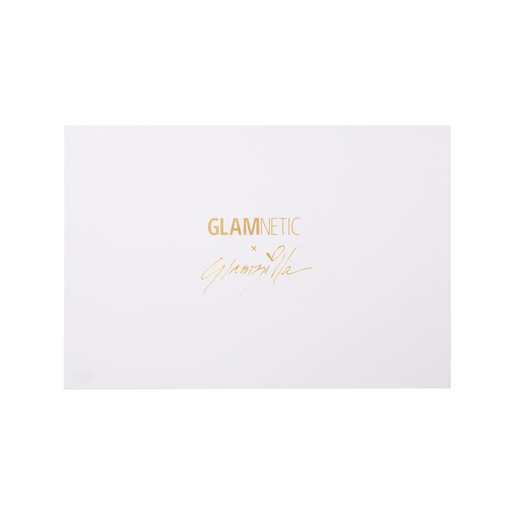 A minimalistic white box featuring gold "glamnetic x GLAMZILLA: GLAMSQUAD FOREVER PR BOX" text above a stylized signature, set against a plain background. - Product image