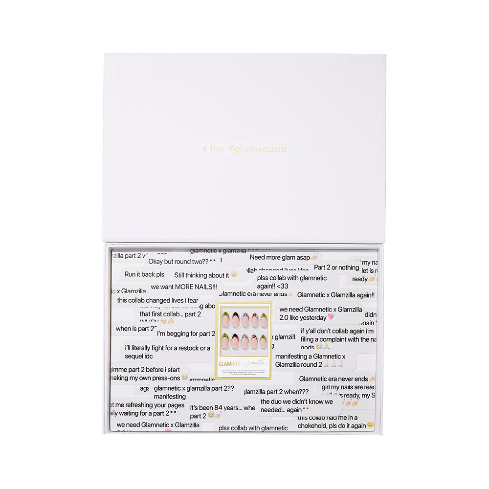 The GLAMNETIC X GLAMZILLA: GLAMSQUAD FOREVER PR BOX by glamnetic comes in a white box with gold text. Its lower section is transparent, showing artificial nails atop a collage of social media comments about nails and glamsquad.