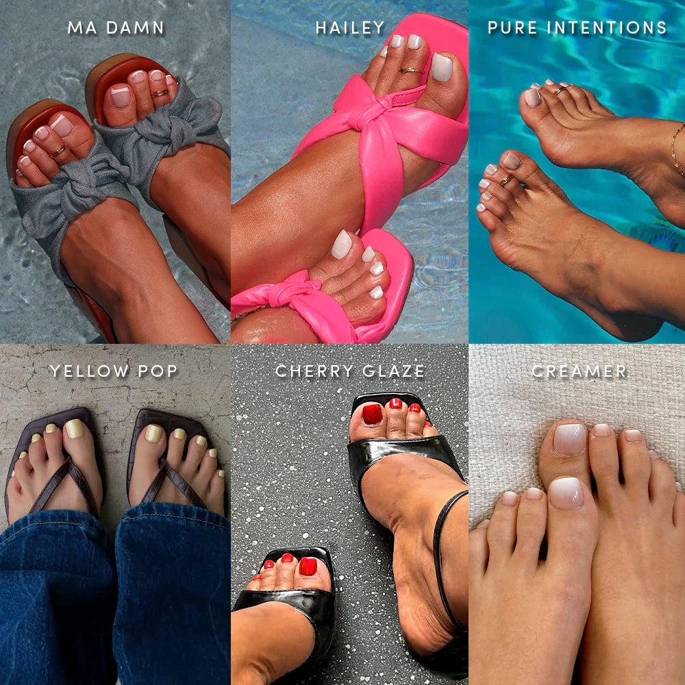 A collage of six close-ups showcases glamnetic's Glazed & Glossy Pedi Bundle: Ma Damn, Hailey, Pure Intentions, Yellow Pop, Cherry Glaze, and Creamer—vibrant glazed-finish toenails in sandals for your ultimate summer nail look.