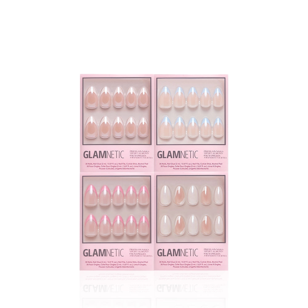 Four pink boxes of glamnetic Glazed Over Almonds press-on nails, each displaying ten nude or pink-toned nails with glossy and iridescent finishes—including chic glazed and elegant French tip designs—arranged neatly against a white background. - Product image