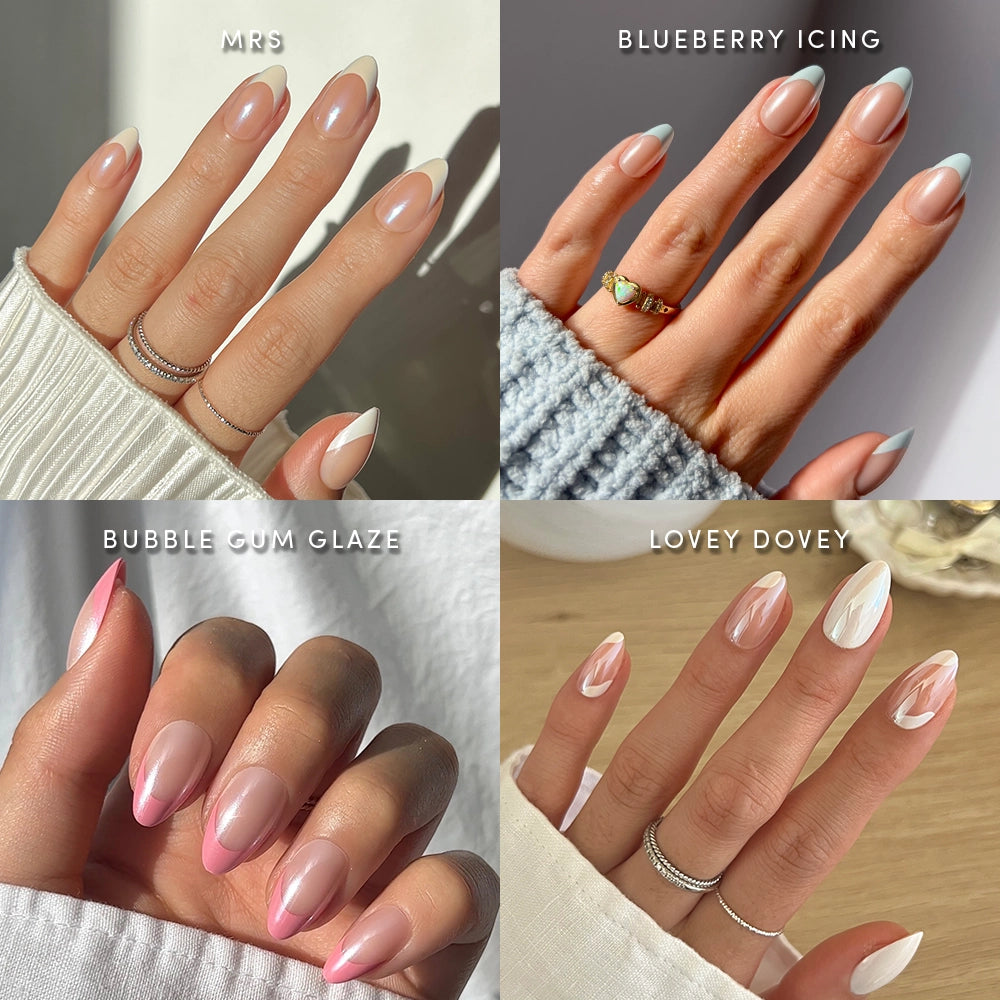 Four hands with manicured nails: top left features glossy nude press-on nails, top right shows French tip nails with light blue tips, bottom left has the "Glazed Over Almonds" from glamnetic in a pink glazed finish, and bottom right displays nude nails with white abstract accents. Each style is labeled.