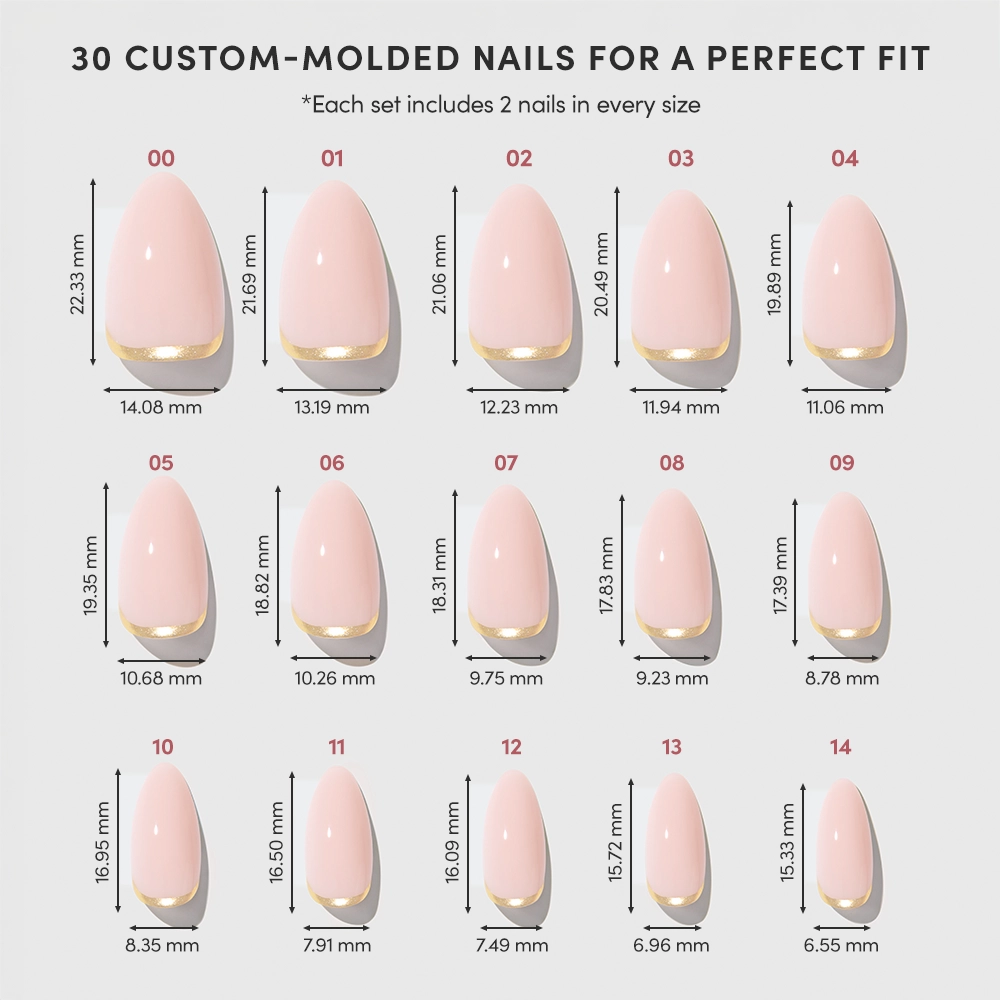 A chart displays 15 sizes of glamnetic's Goal Chaser custom-molded pink press-on nails, labeled 00–14, ideal for short almond or gold French tip styles. Each nail shows its width and length in millimeters beneath the image. - Product image