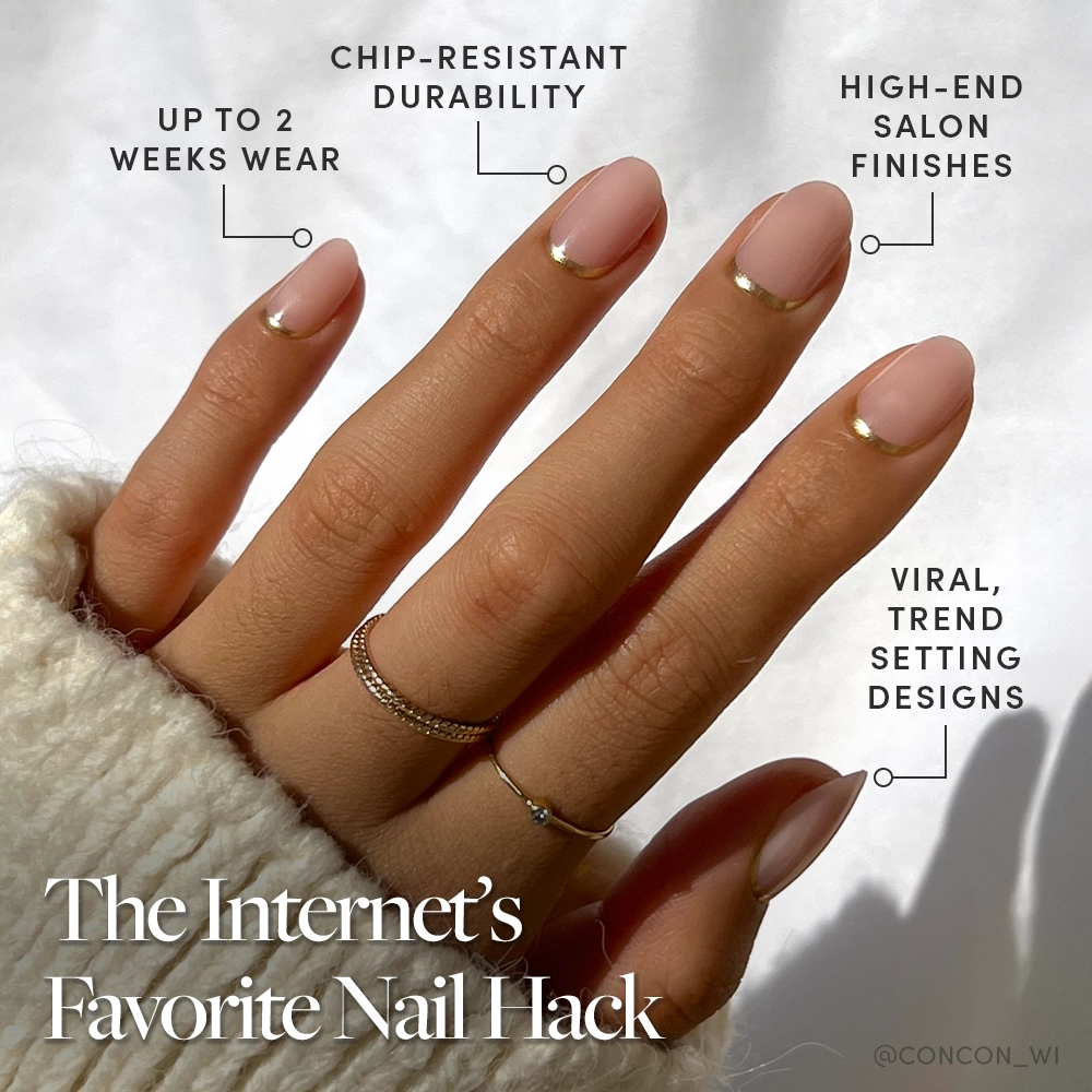 A hand with short round nails features glamnetic’s Goal Digger: nude base and gold crescent foil. Enjoy up to 2 weeks wear, chip-resistant, salon finish, and trendy designs. Caption: The Internet’s Favorite Nail Hack. - Product image