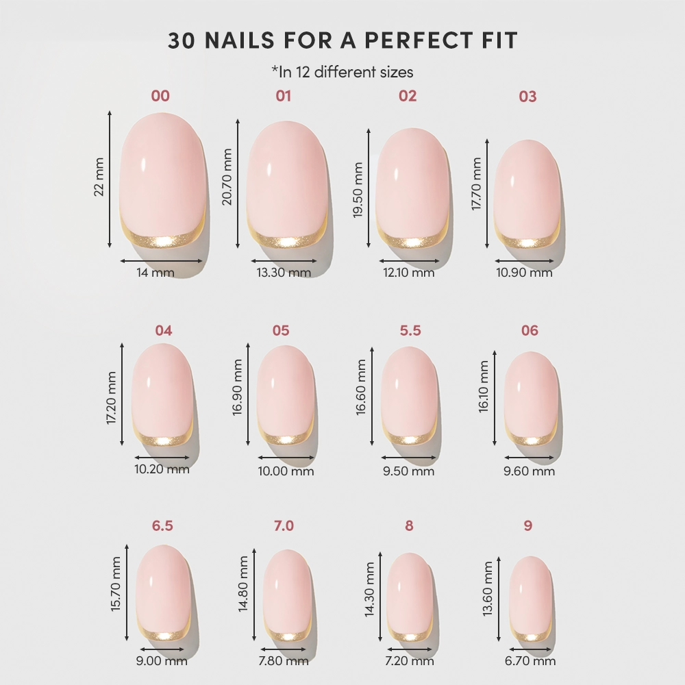 Image of Goal Digger by glamnetic: 30 pink and gold foil nails in 12 sizes (shown in mm) for a perfect fit. Ideal for fans of short, round nails. - Product image