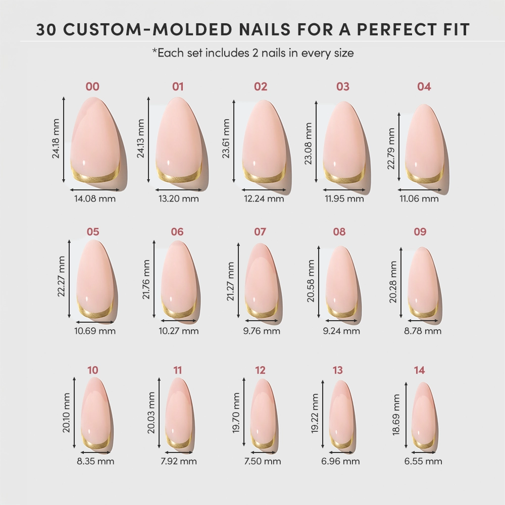 A chart displays 15 custom-molded Goal Getter sizes by glamnetic (00–14), with widths from 14.18 mm to 6.10 mm, plus images of each—ideal for gold French tip nails or medium almond nude press-ons. - Product image