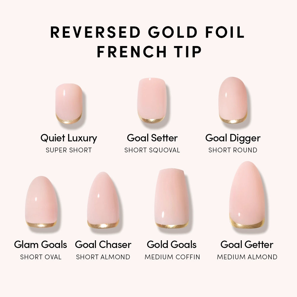 Seven glamnetic Goal Setter press-on nails in pale pink with gold French tips are shown in super short, short squoval, short round, short oval, short almond, medium coffin, and medium almond shapes and lengths. - Product image