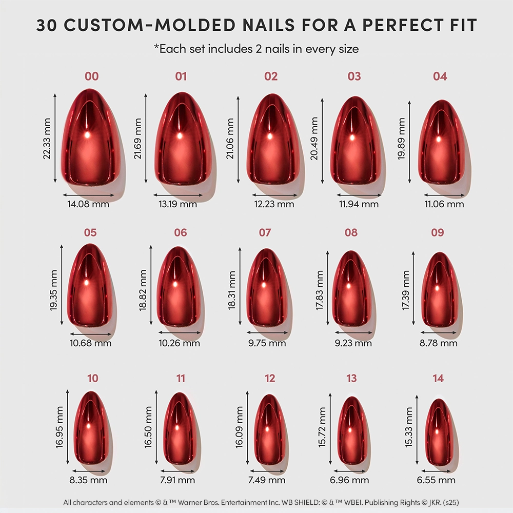 A chart of 30 shiny red chrome nails from glamnetic's Godric Gryffindor™, in assorted sizes—each labeled with its number and exact height and width in millimeters. - Product image