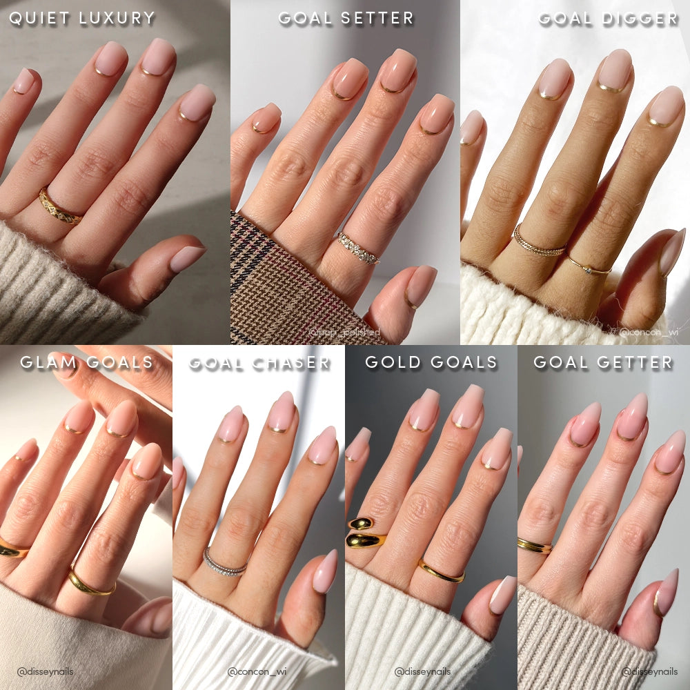 A collage of eight manicured hands, each with glamnetic Gold Girlie Bundle nails—short to medium nude French tips or pale pink polish—accessorized with rings, labeled with motivational phrases, set against a soft background.
