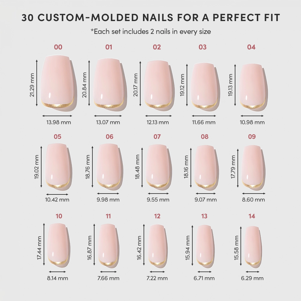 A chart of glamnetic Gold Goals Press-On Nails in 15 sizes displays length and width in millimeters. These glossy, nude pink coffin nails with gold French tips deliver flawless, salon-quality manicures at home. - Product image