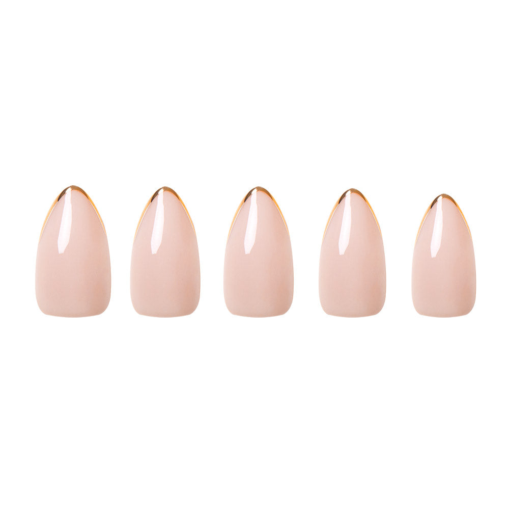 Five almond nails featuring a glossy nude base with a slim metallic gold finish, arranged in a row on white—perfect for achieving glamnetic’s Gold Standard look. - Product image