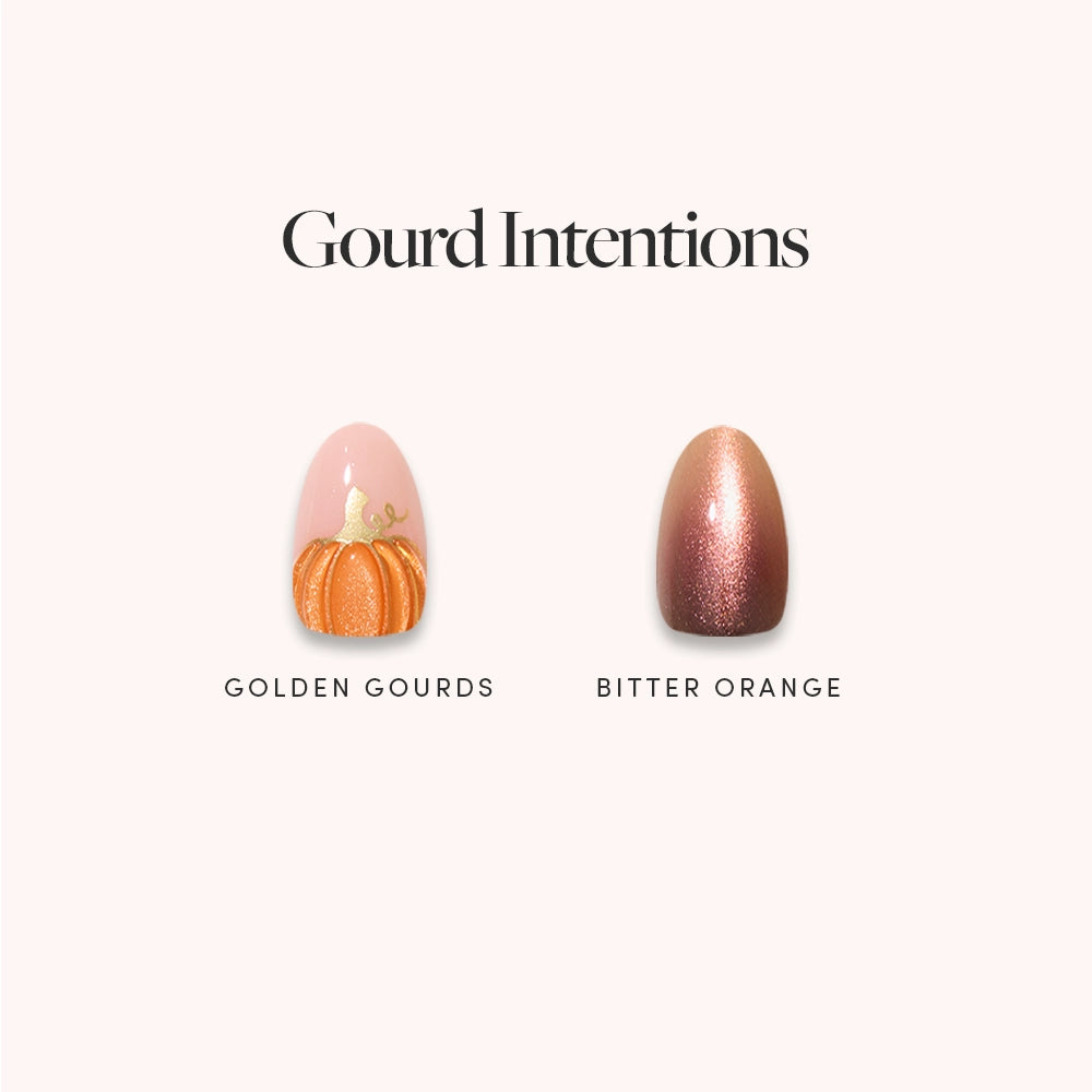 Celebrate fall in style with glamnetic’s Gourd Intentions press-on nails. This salon-quality set includes two designs: “Golden Gourds,” featuring a painted orange pumpkin with a gold stem on a nude base, and “Bitter Orange,” showcasing a striking metallic copper shade. Both short oval shapes make it easy to achieve festive, elegant manicures at home.