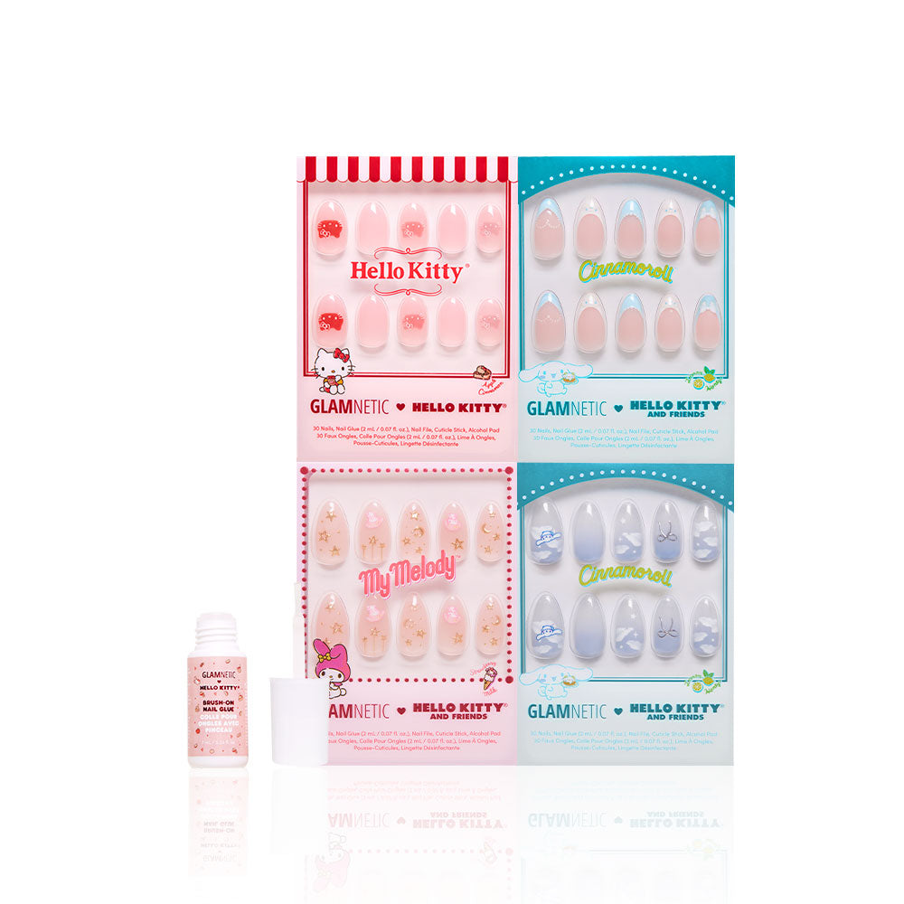 Three sets of glamnetic Hello Kitty® Besties nails, three Cinnamoroll nail sets, one My Melody set, and a small bottle of nail glue are arranged on a white background. - Product image