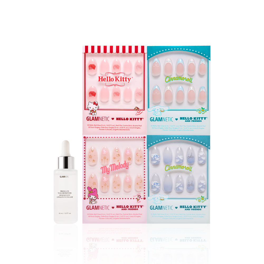 Four boxes of glamnetic Hello Kitty® Besties press-on nails are displayed next to a white bottle of glamnetic nail glue, all placed on a white background. - Product image