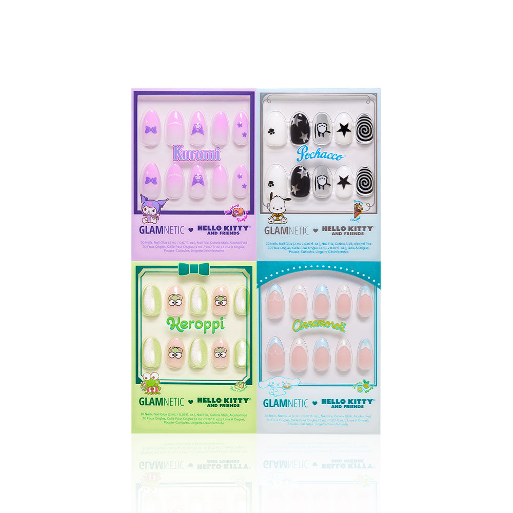 Four sets of glamnetic Hello Kitty® Crew press-on nails with 3D designs, each themed after Sanrio characters—Kuromi (purple), Pochacco (black/white), Keroppi (green), and Cinnamoroll (blue)—in colorful packaging.