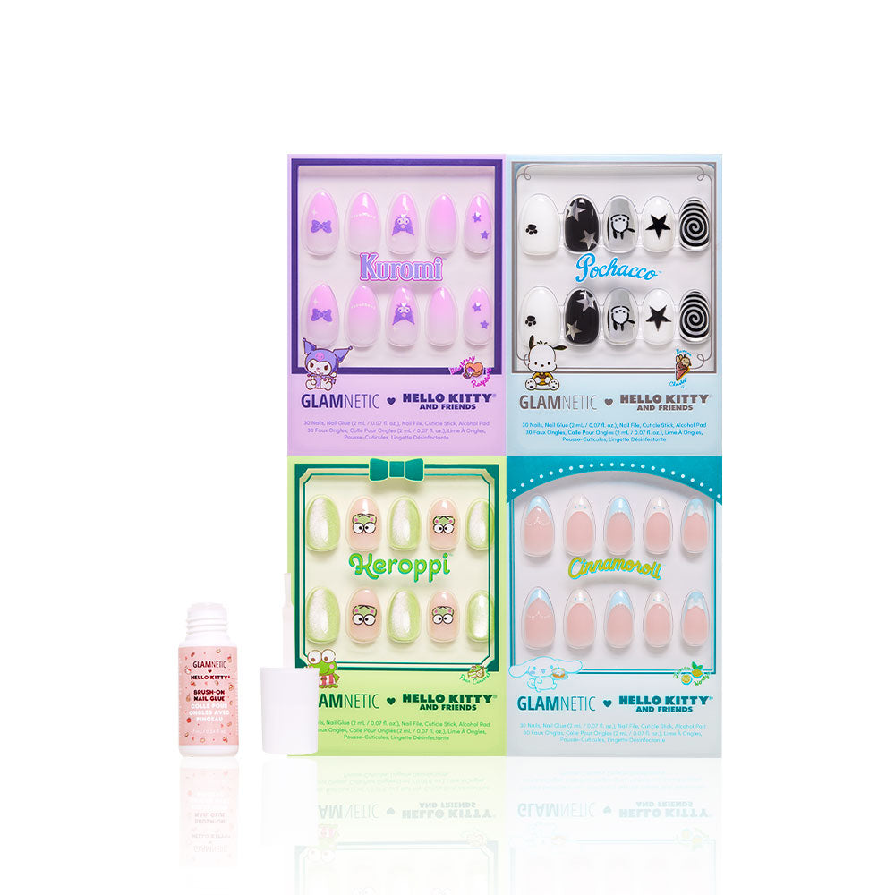Four boxes of glamnetic Hello Kitty® Crew vegan & cruelty-free press-on nail sets featuring Kuromi, Pochacco, Keroppi, and Cinnamoroll in 3D designs are arranged in a grid with nail glue and a prep pad to the left. - Product image