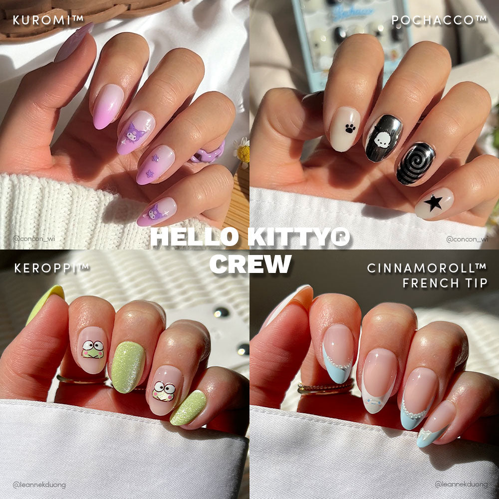 A collage of glamnetics Hello Kitty® Crew vegan &amp; cruelty-free nail set: purple Kuromi nails, nude Pochacco faces and paw prints, green Keroppi nails, and French tips with Cinnamoroll faces and blue lines. Text reads Hello Kitty® Crew.