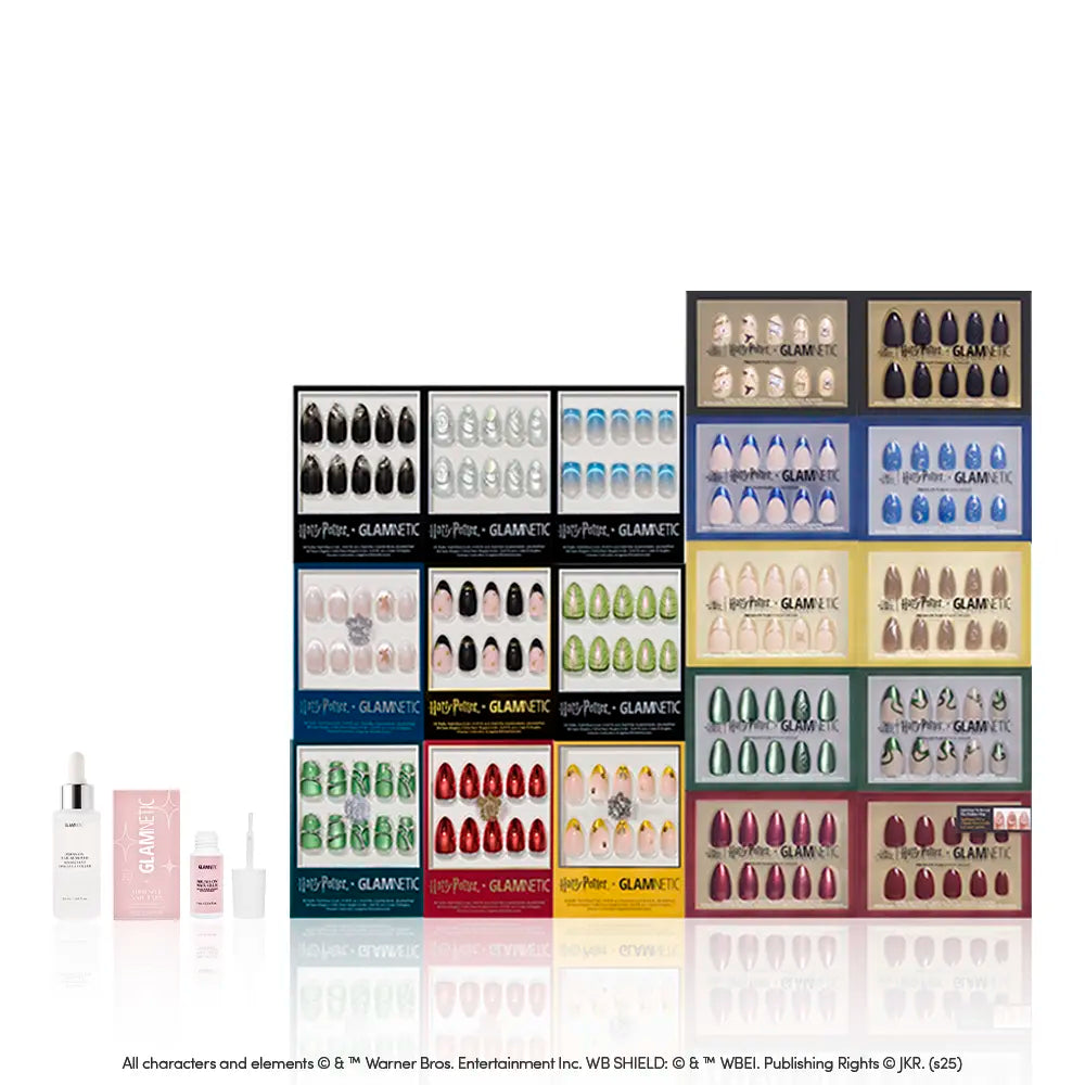 Unlock the Harry Potter™ x Glamnetic Master Vault: pressed-on nail sets inspired by Hogwarts houses, each featuring unique designs and colors. Includes nail glue and prep—experience the magic with this exclusive glamnetic collection!. - Product image