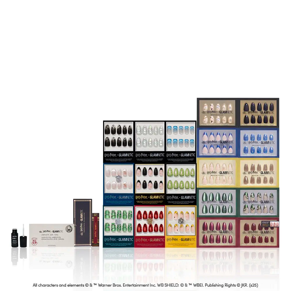 A display of the Harry Potter™ x Glamnetic Master Vault boxed sets by glamnetic, arranged by Hogwarts house colors. To the left, small bottles and a wand-shaped item showcase this magical collector’s collaboration.