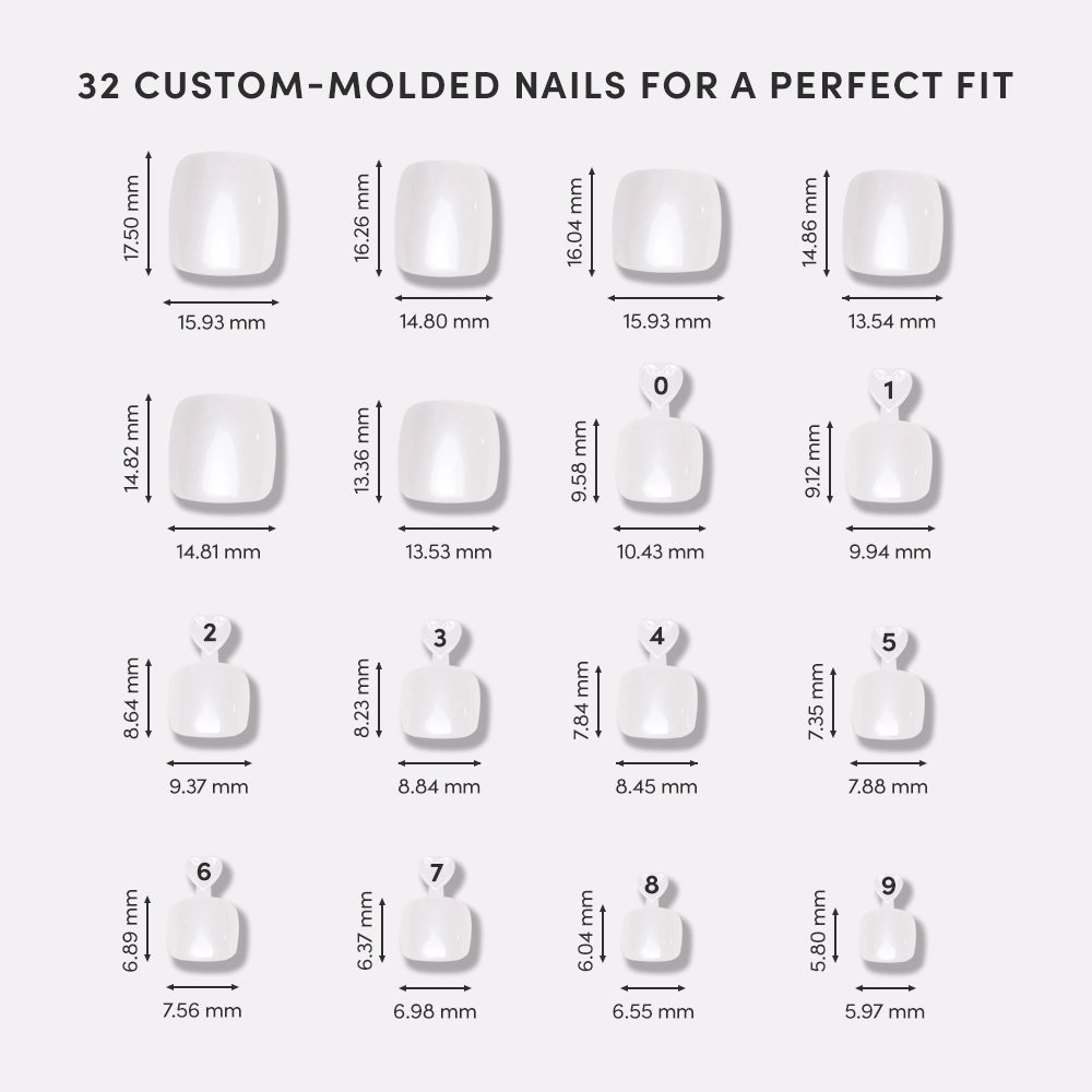 Illustration of 32 custom-molded nails with measurements on a white background - Product image