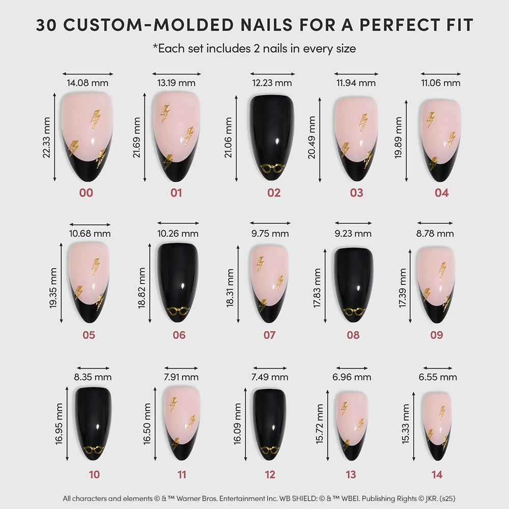 A chart displays 15 pairs of glamnetic Harry Potter™ custom-molded nails in various sizes, labeled 01–15, with pink or black French tips, gold designs, and measurements. Text above reads “30 Custom-Molded Nails for a Perfect Fit.”. - Product image
