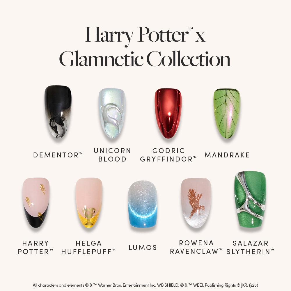 The glamnetic Harry Potter™ x Glamnetic Collection includes ten almond nails, each with magical manicure designs inspired by Dementor, Unicorn Blood, Godric Gryffindor, Mandrake, and other iconic wizarding world themes.