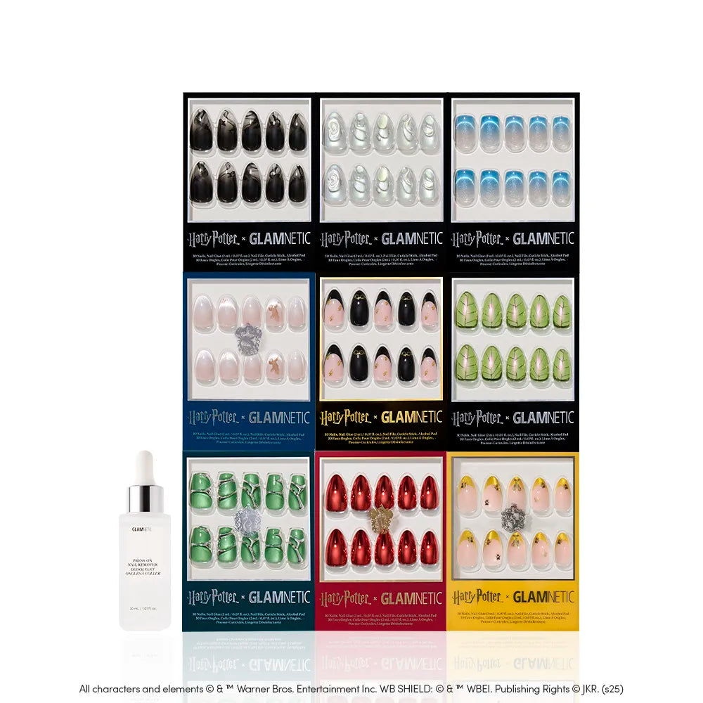 The Harry Potter™ x Glamnetic Collection by glamnetic features nine almond-shaped nail sets in enchanting designs, plus a dropper bottle for easy application—everything you need for a magical manicure!. - Product image