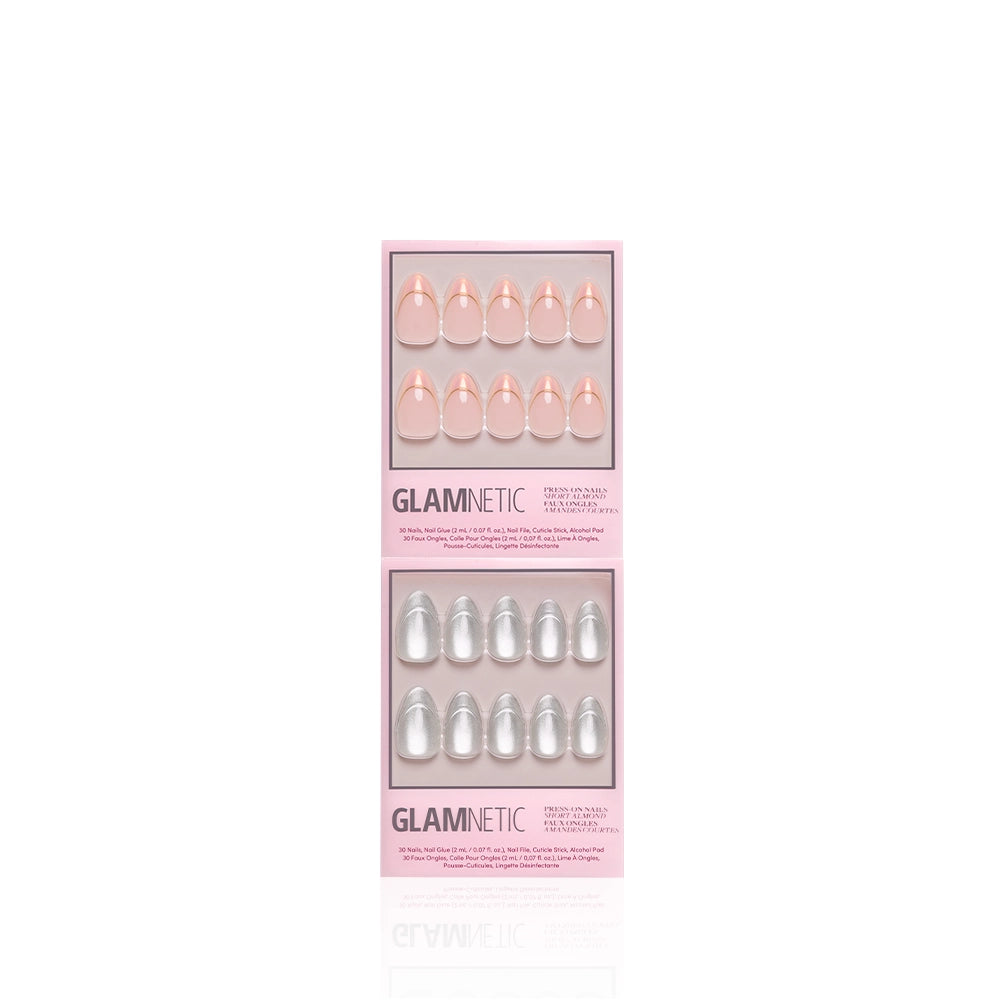 Two pink packages of glamnetic Heavenly Angels press-on nail sets are displayed. The top package features nude-pink nails, while the bottom package contains metallic-silver nails. Each set includes ten nails in assorted sizes for a long-lasting manicure. - Product image