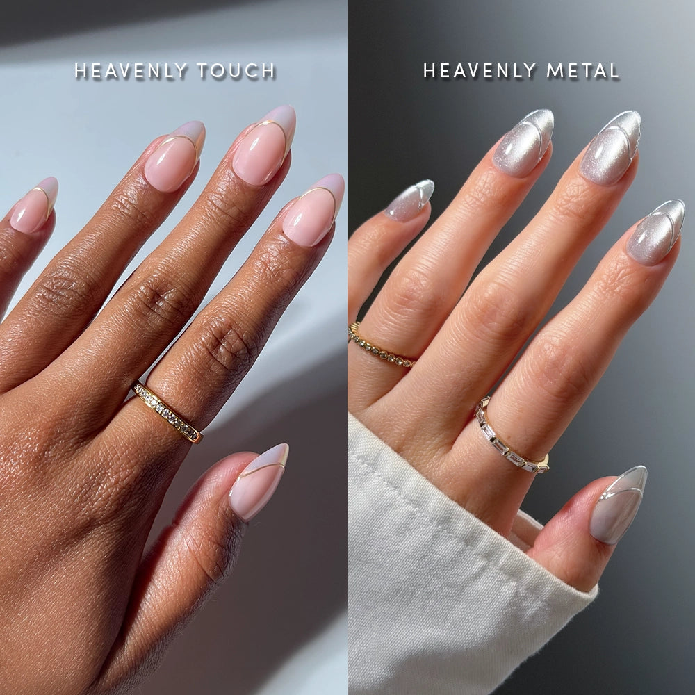 Two hands display manicures: one features sheer nude nails, and the other sparkly metallic silver nails—both from glamnetic’s Heavenly Angels press-on nail set. Simple gold rings adorn each hand, emphasizing the sophisticated elegance and lasting quality of this manicure collection. - Product image
