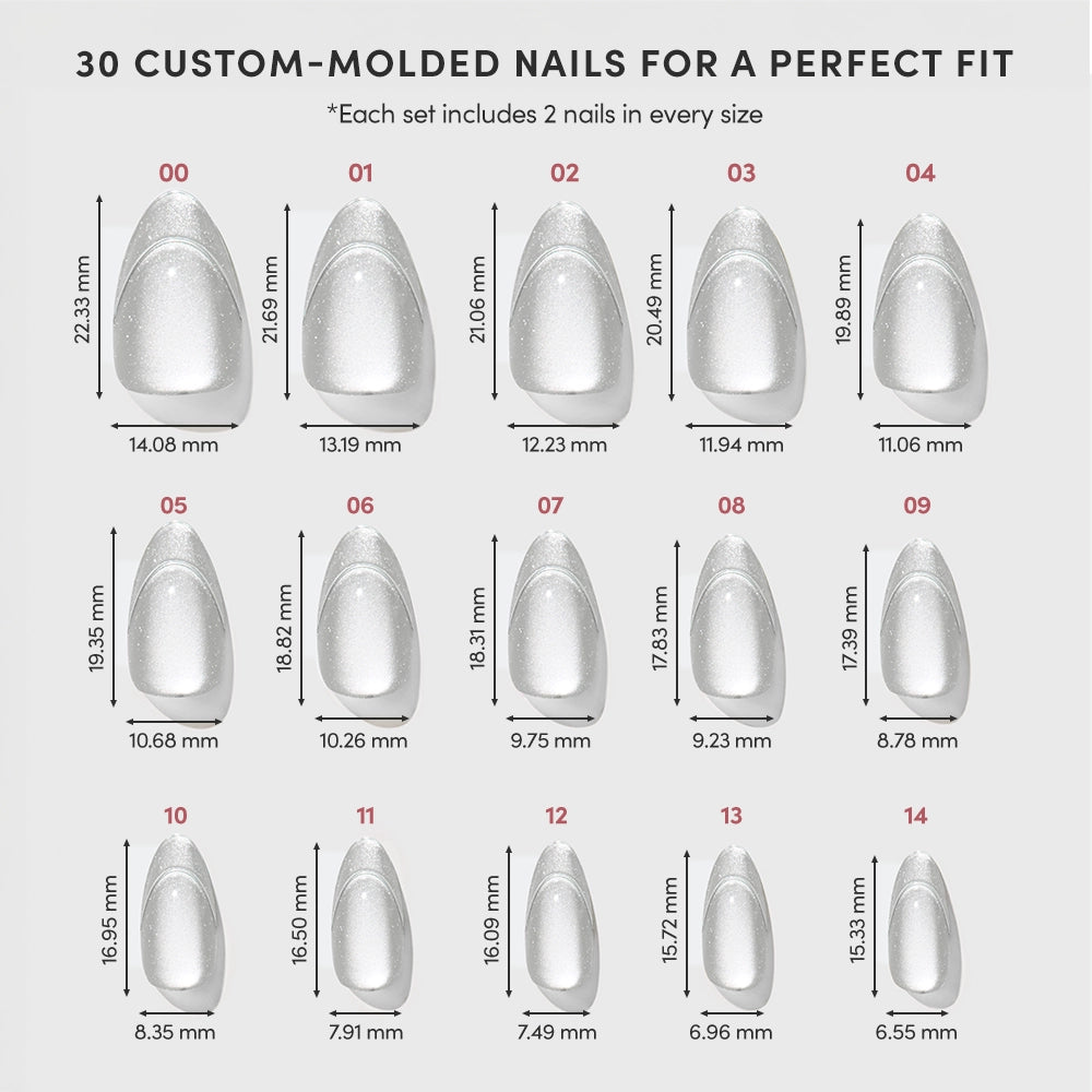 Diagram showing 15 different sizes of glamnetic Heavenly Metal custom-molded press-on nails, each labeled with size numbers and their respective width and length measurements in millimeters. Text above explains that each set includes 30 silver shimmer nails—two per size—making it easy to achieve a short almond look tailored perfectly to your individual fit. - Product image